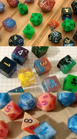 A collage of three photos of various resin dice.