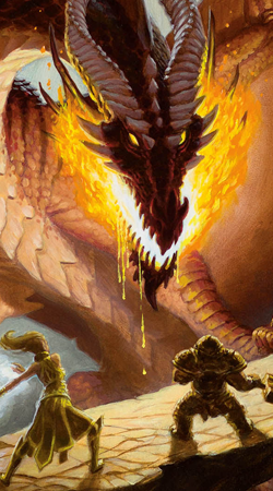 Cropped DnD artwork from WotC of some adventurers ready to fight a dragon.